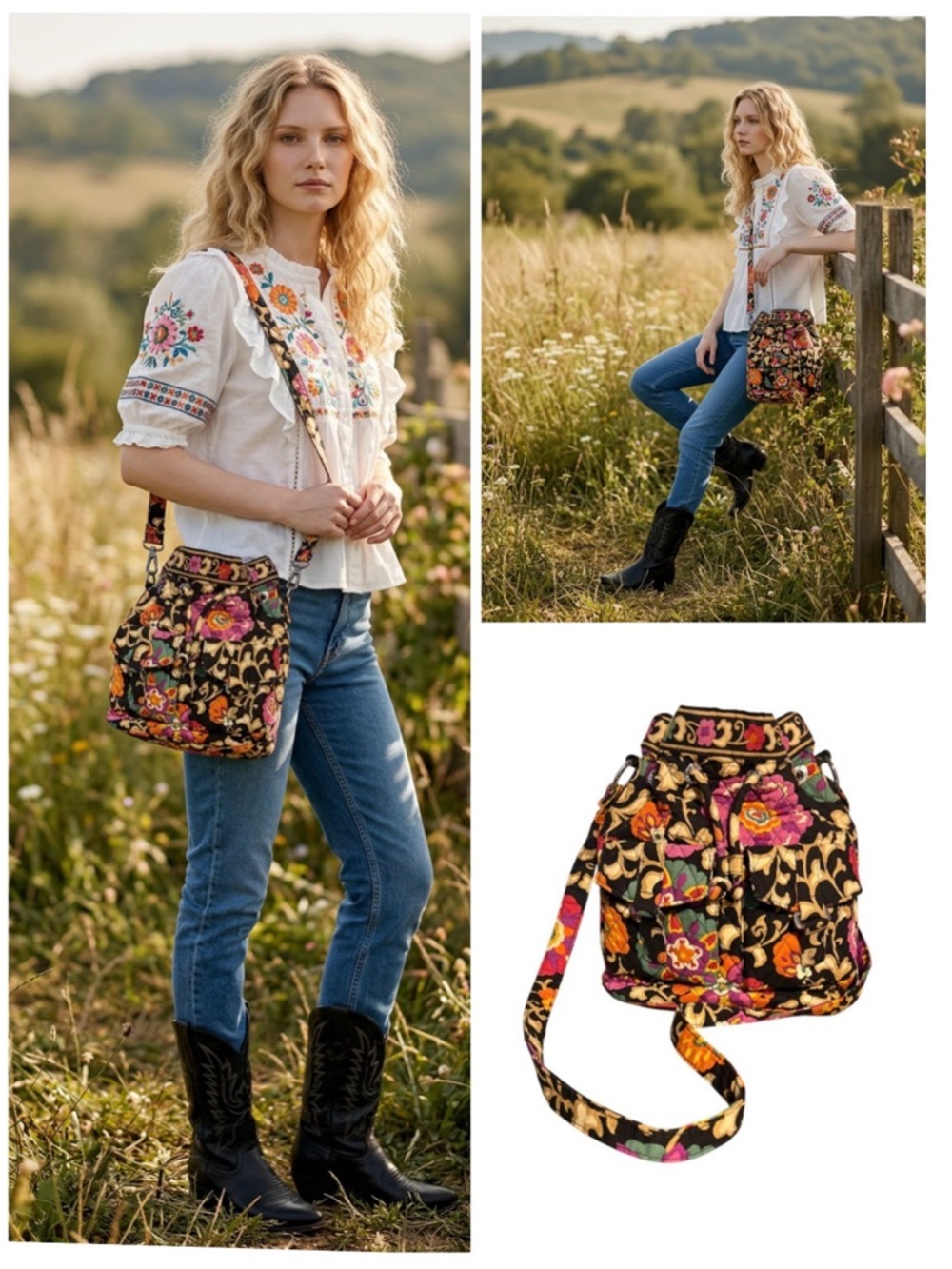 Vera Bradley Quilted Floral Drawstring Crossbody Bag Black and multicolor bucket - Picture 3 of 14